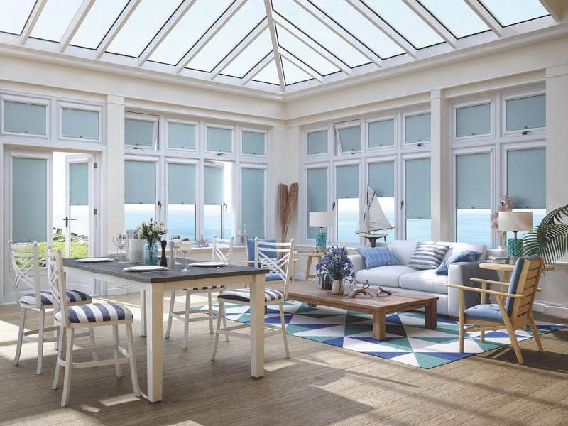 Perfect Fit Blinds Bespoke conservatory light blue